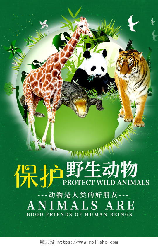 绿色简约保护野生动物公益宣传海报
